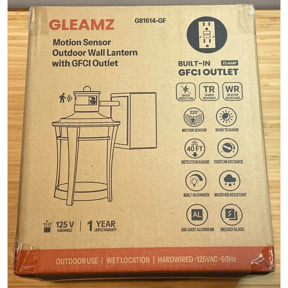 GLEAMZ Motion Sensor Outdoor Wall Lantern Light w/ GFCI Outlet Dusk to Dawn New